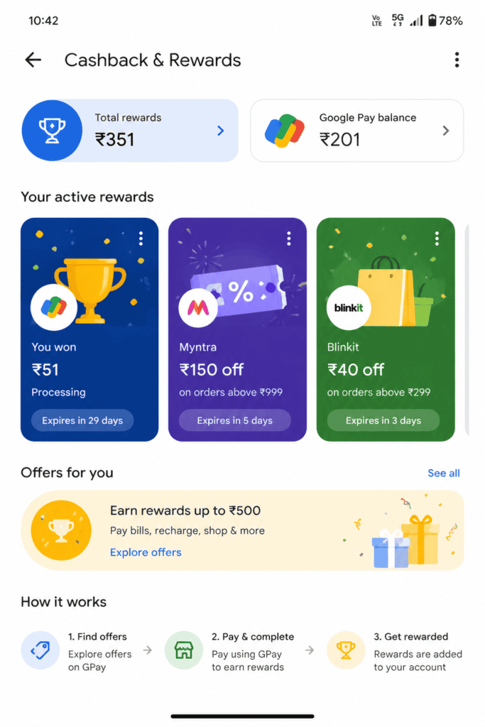 Google Pay cashback reward scratch card proof India real user