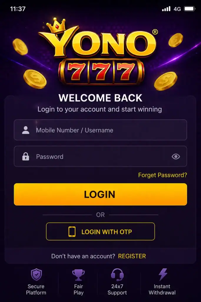777 Game Login page displayed on mobile phone with username and password fields
