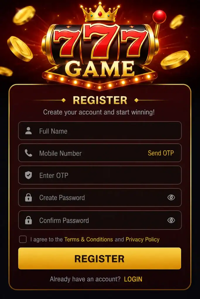 777 Game Registration form on mobile app showing sign up screen for new users

