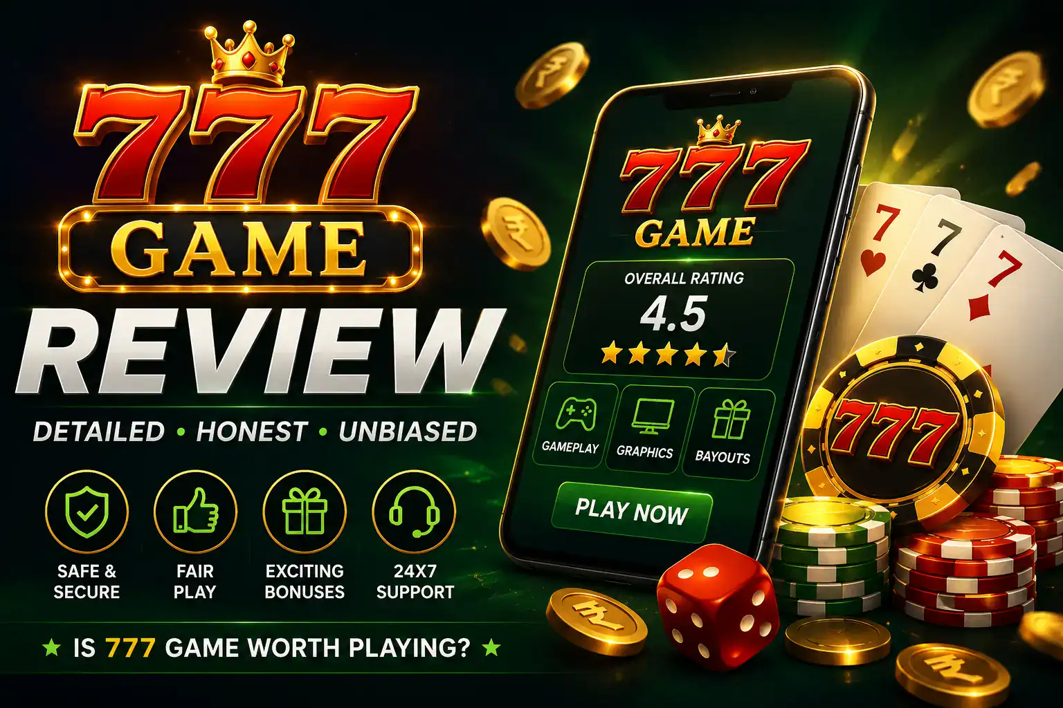 Featured image for 777 Game Review showing casino-style mobile gameplay, ratings, bonuses, chips, cards, and fair play icons.