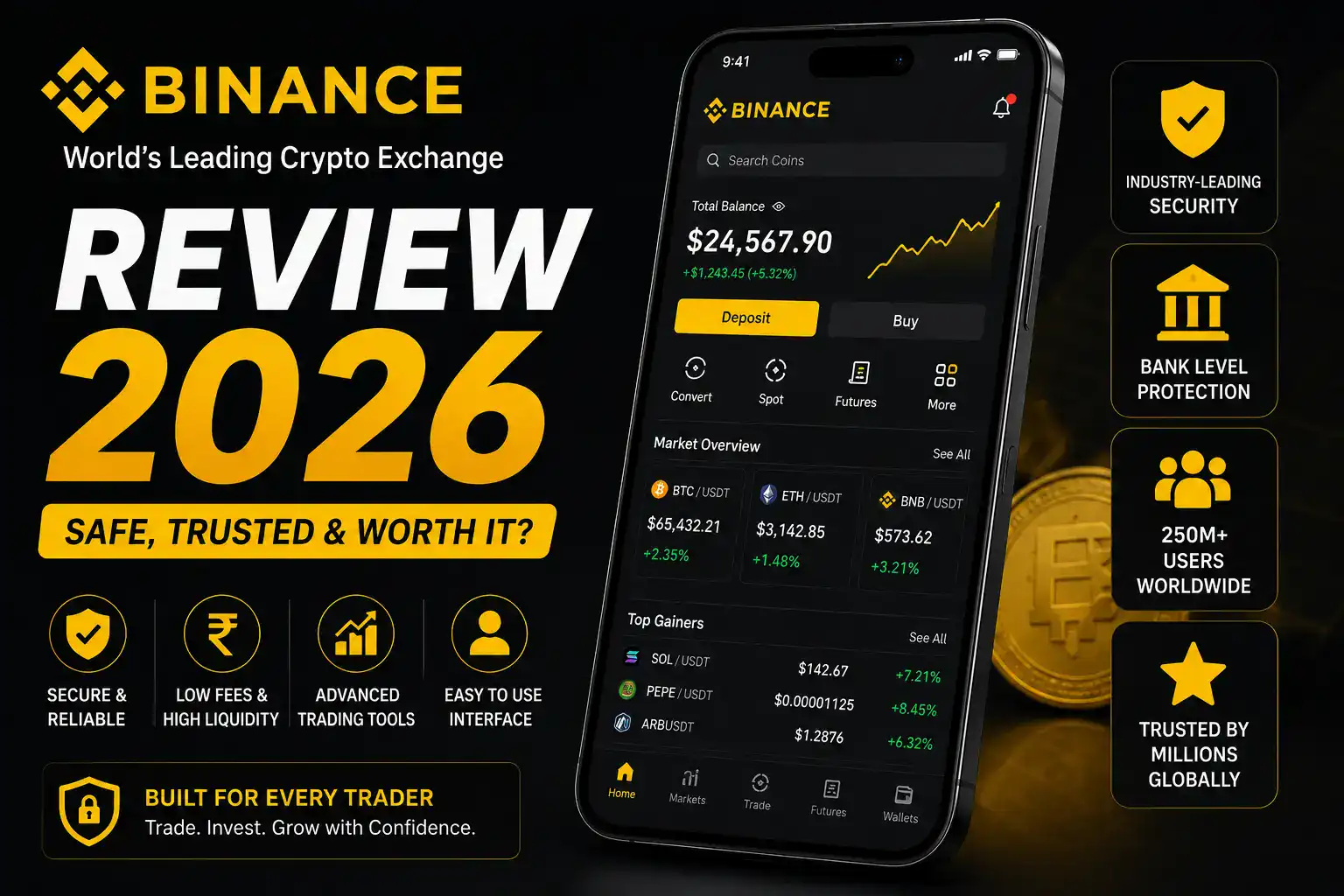 Binance App Review 2026 featured image showing Binance crypto trading app dashboard, Bitcoin market trends, security features, and trusted crypto exchange interface.