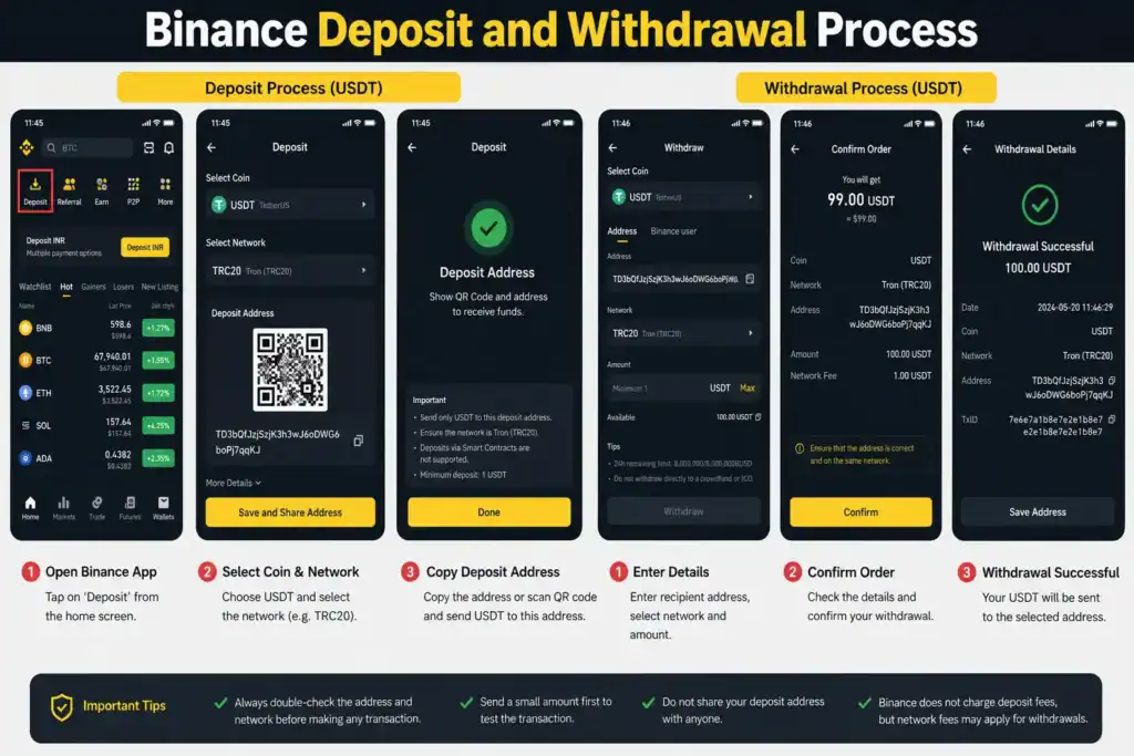 Binance App Review showing deposit and withdrawal process, crypto wallet balance, and transaction options inside the Binance trading app.