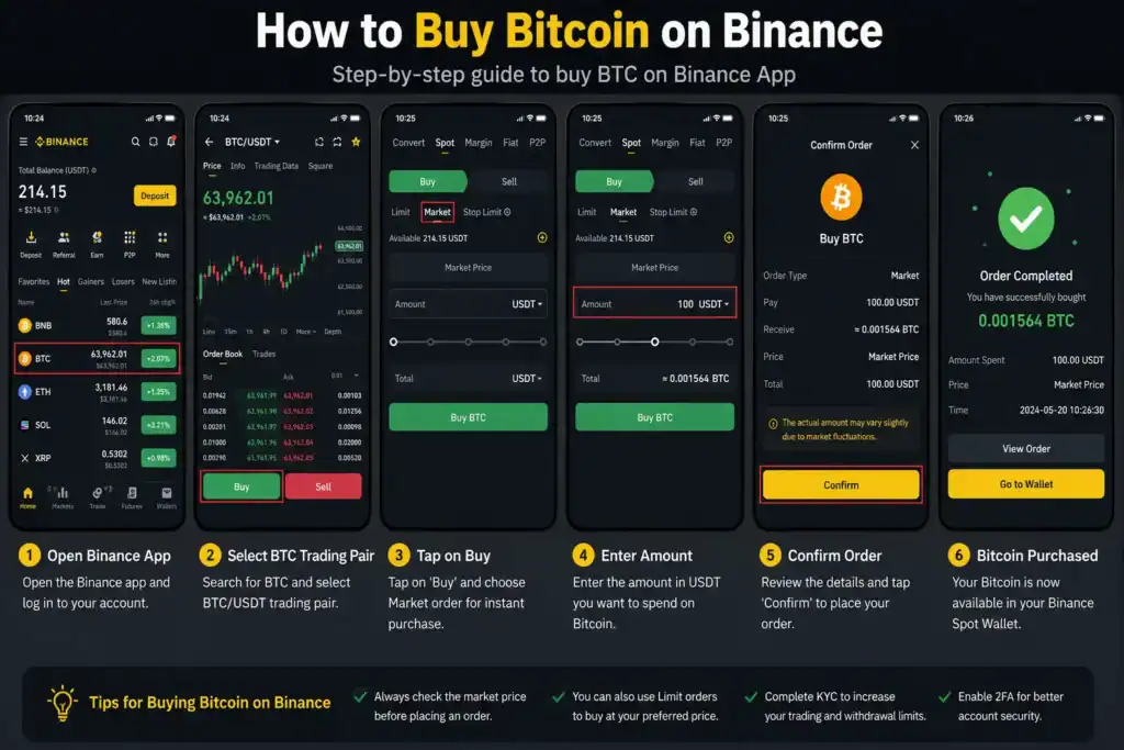 Binance App Review tutorial showing how to buy Bitcoin on Binance with BTC trading steps, market order, and crypto purchase process.