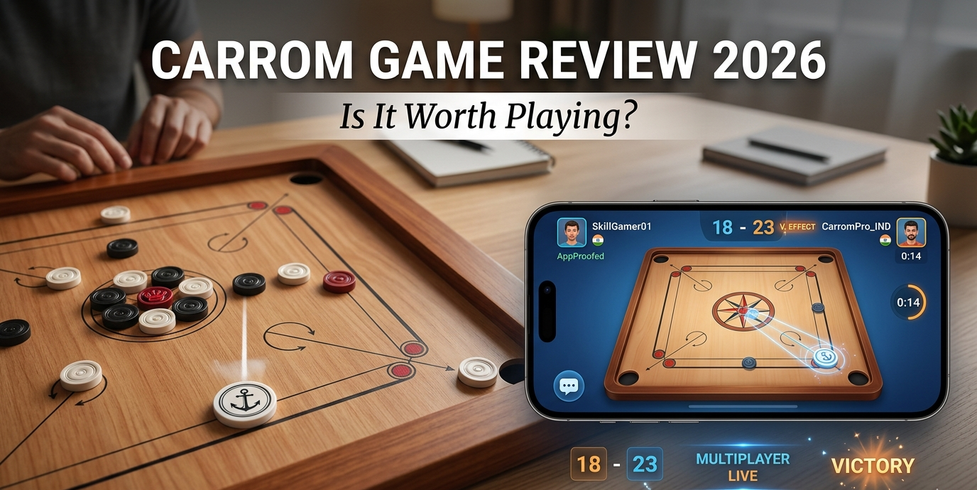 Carrom game review 2026 showing board game and mobile gameplay interface