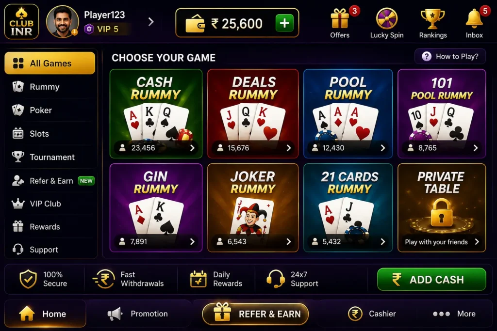 Club INR games section screenshot showing available game categories