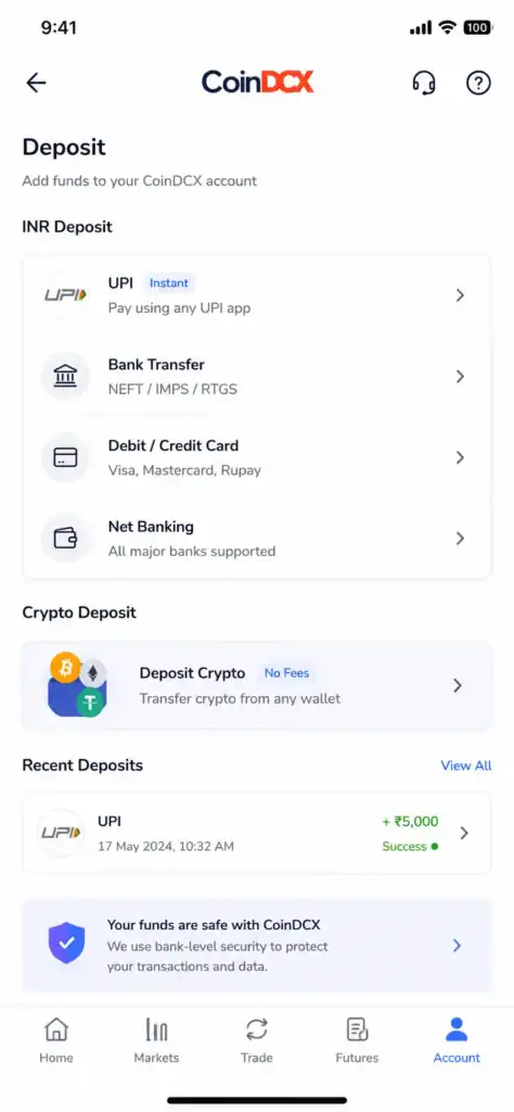 CoinDCX Trading App Review KYC verification screen showing identity verification process and account security steps.