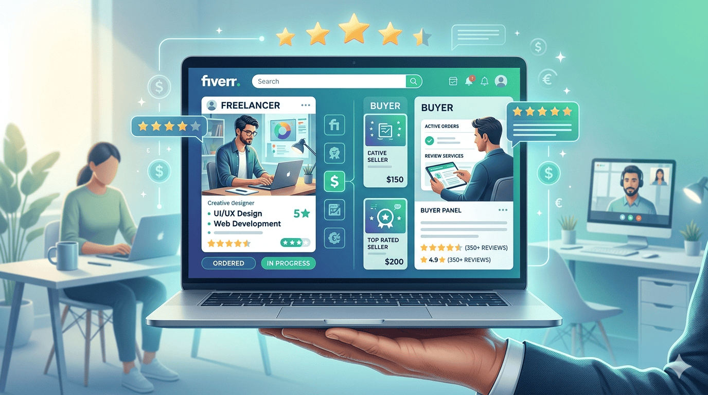 Fiverr Review 2026 showing freelancers working online, Fiverr gig dashboard, earnings, ratings, and global freelancing marketplace concept for buyers and sellers