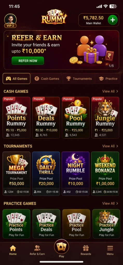 Game Rummy app games lobby showing available rummy tables