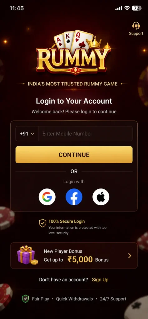 Game Rummy login screen screenshot showing mobile number entry