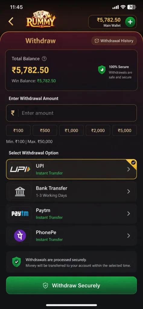 Game Rummy withdrawal process screenshot showing payment options