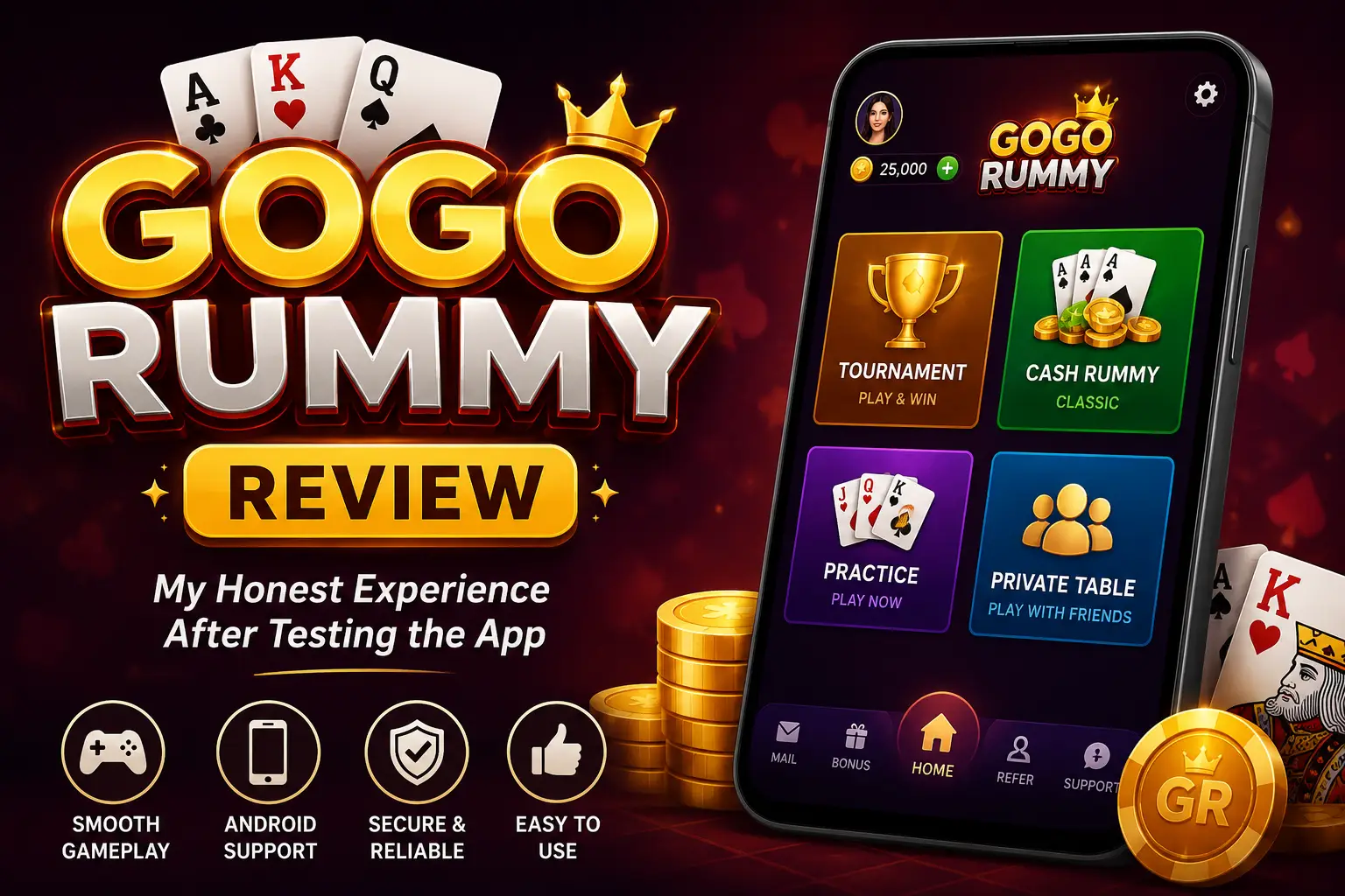 Gogo Rummy gameplay interface showing card arrangement on Android app