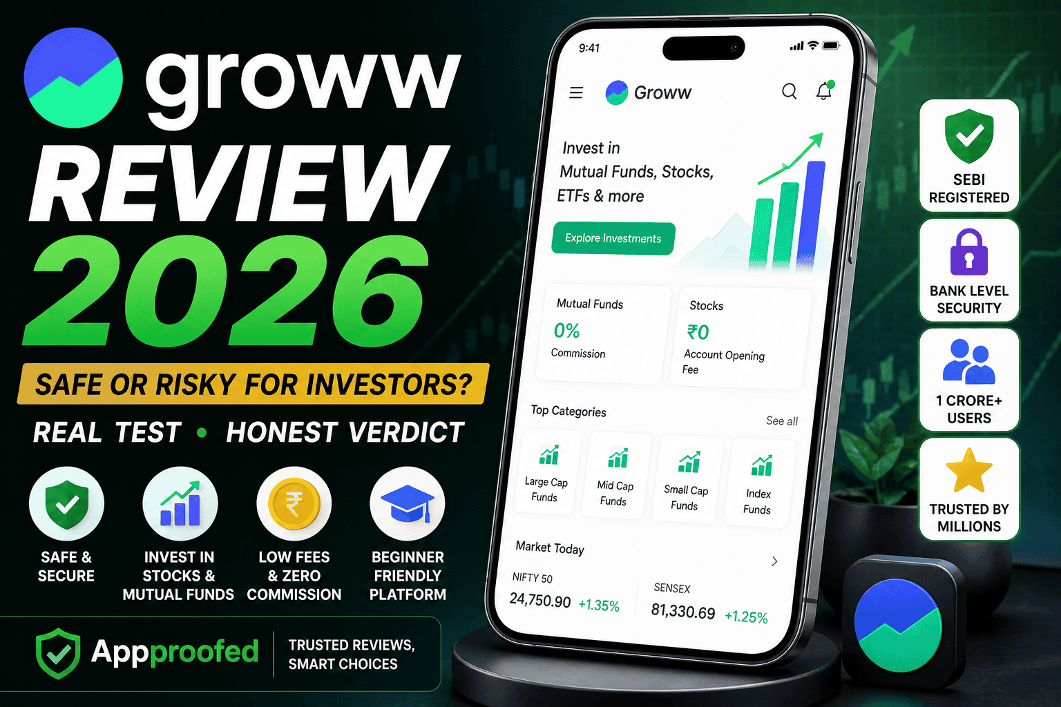 Groww review 2026 featured image by Appproofed showing investment app interface, stock and mutual fund options with safety and trust indicators