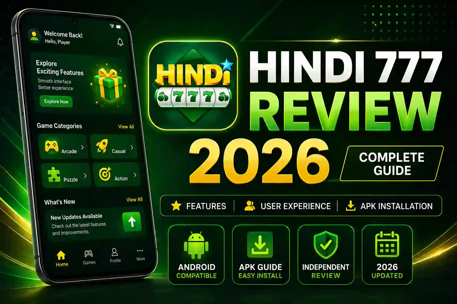 Hindi 777 Review 2026 featured image showing Android app interface, APK installation guide, features, and user experience