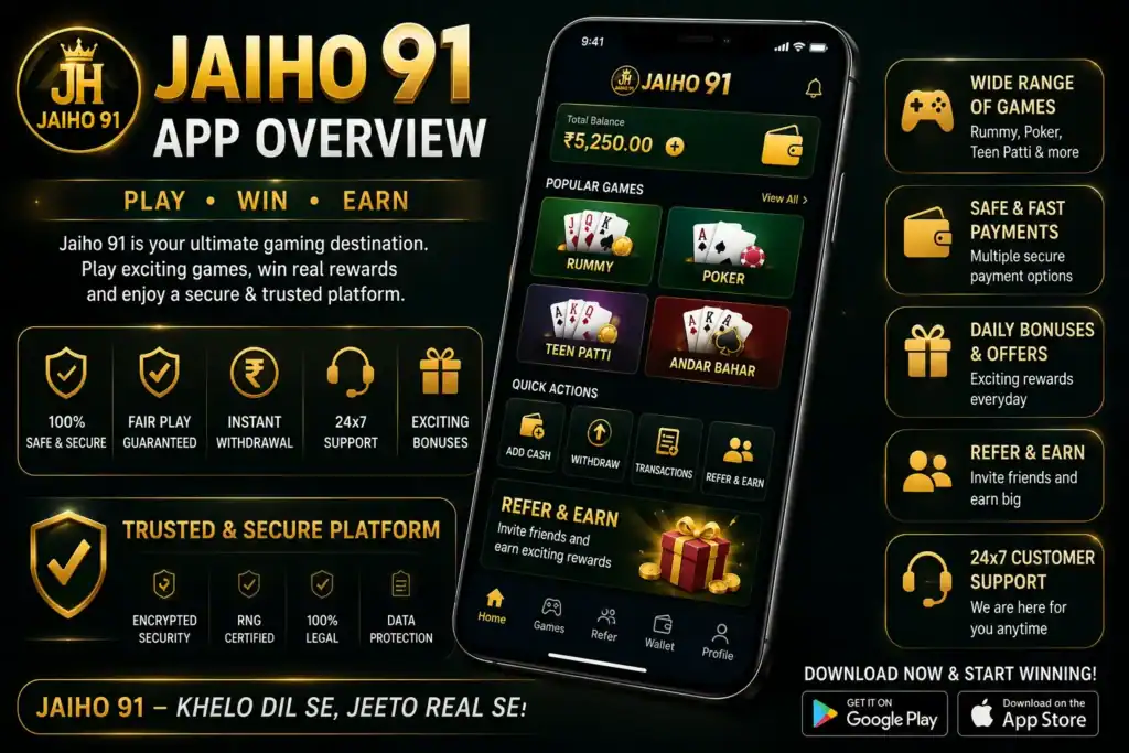 Jaiho 91 app home screen dashboard showing game categories and login button