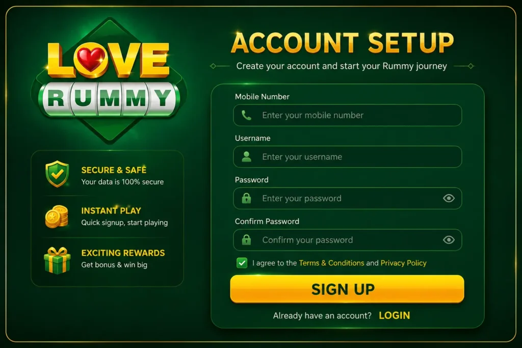 Love Rummy account setup process on mobile app
