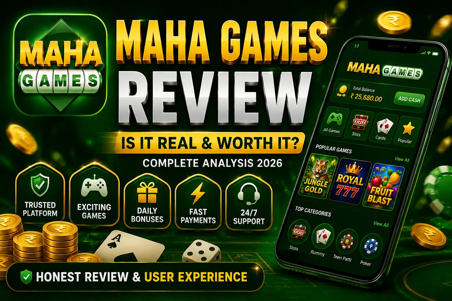 Maha Games Review featured image with green gaming theme and modern casino style design