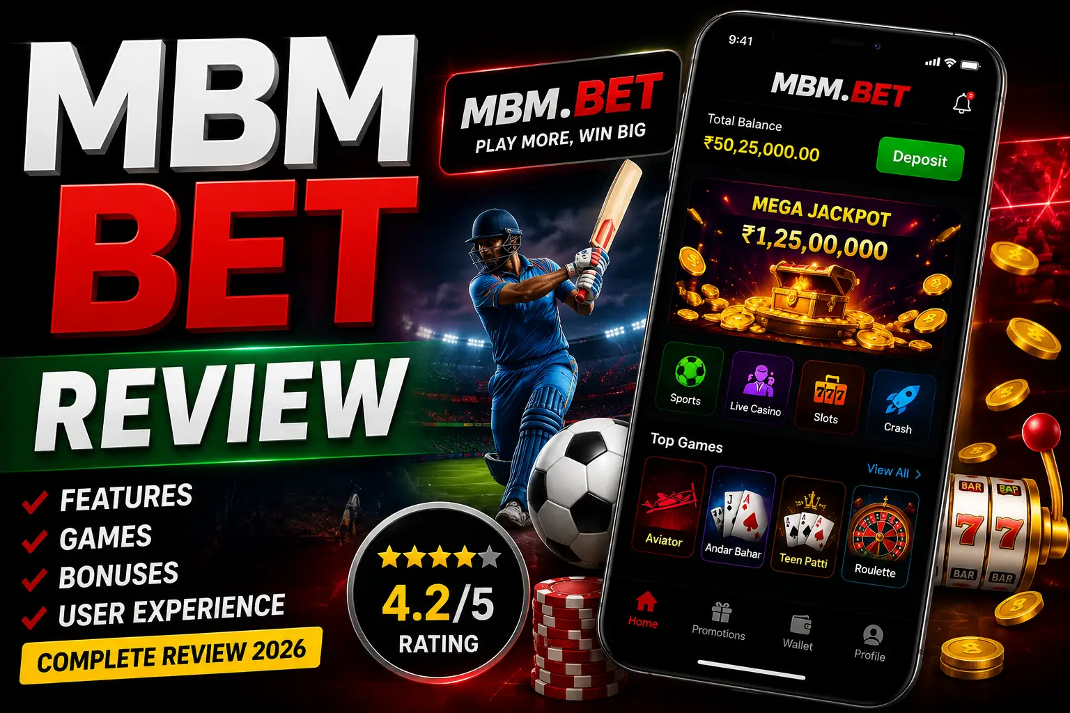 MBM Bet Review featured image showing mobile betting app interface with sports and casino gaming theme
