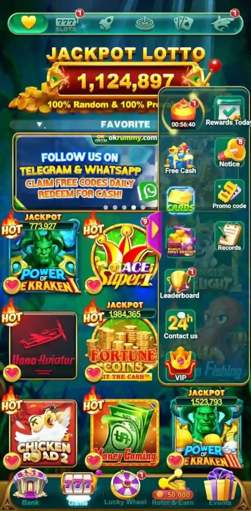 OK Rummy app feature screen displaying in-app interface and options