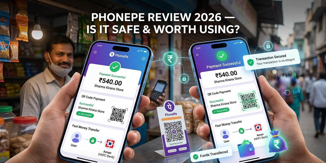 PhonePe review 2026 showing UPI payment, QR scan, and secure money transfer on smartphone app interface