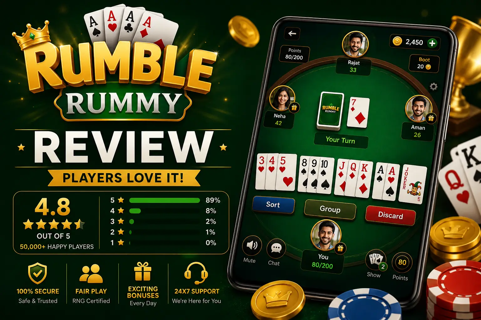 Rumble Rummy Review featured image with modern gaming app interface and rummy card theme