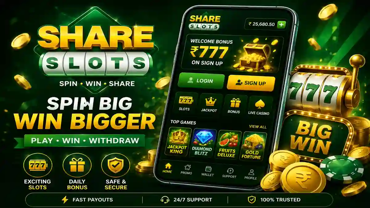 Share Slots app review 2026 featuring login screen, welcome bonus, slot games, secure interface, and APK download guide.