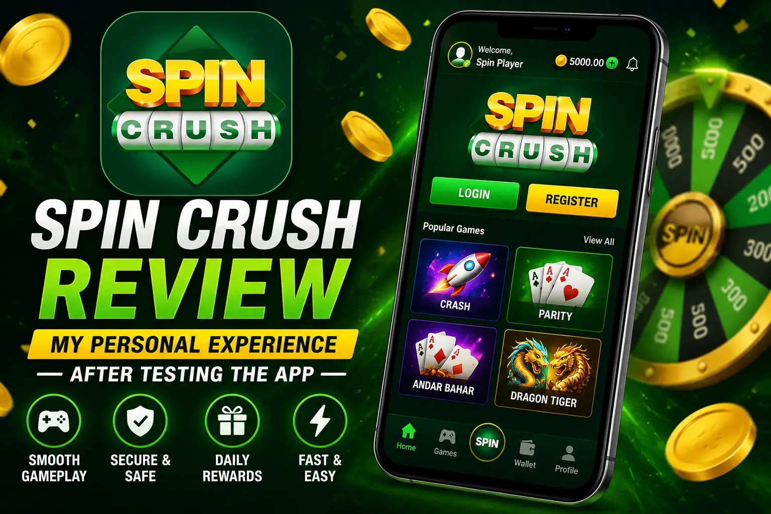 Spin Crush account setup and registration process on Android showing the simple onboarding screen for new users