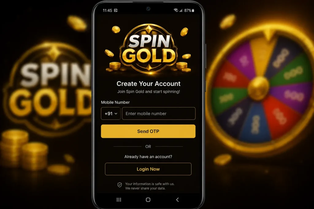 Spin Gold Registration and Login process shown on an Android smartphone screen