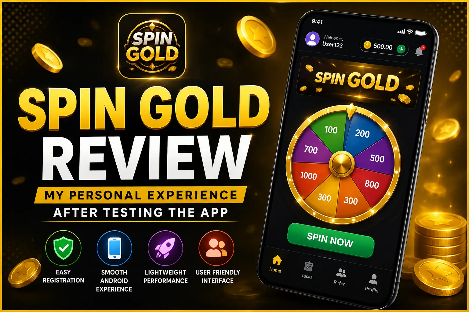 Spin Gold Review – A close-up look at the Spin Gold App interface and home screen on an Android device