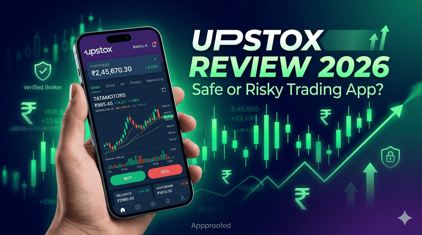 Upstox review 2026 featured image by Appproofed showing stock trading app interface with charts, market data and investment dashboard
