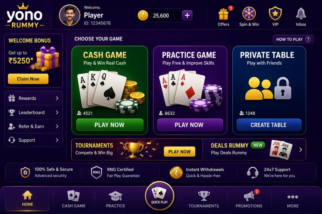 Yono Rummy app overview screenshot showing lobby and game options