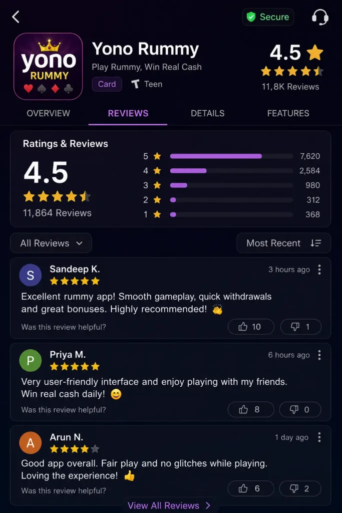 Yono Rummy review interface with rummy tables and wallet section