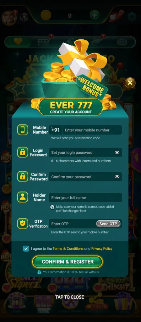 Ever 777 mobile app interface and gaming experience