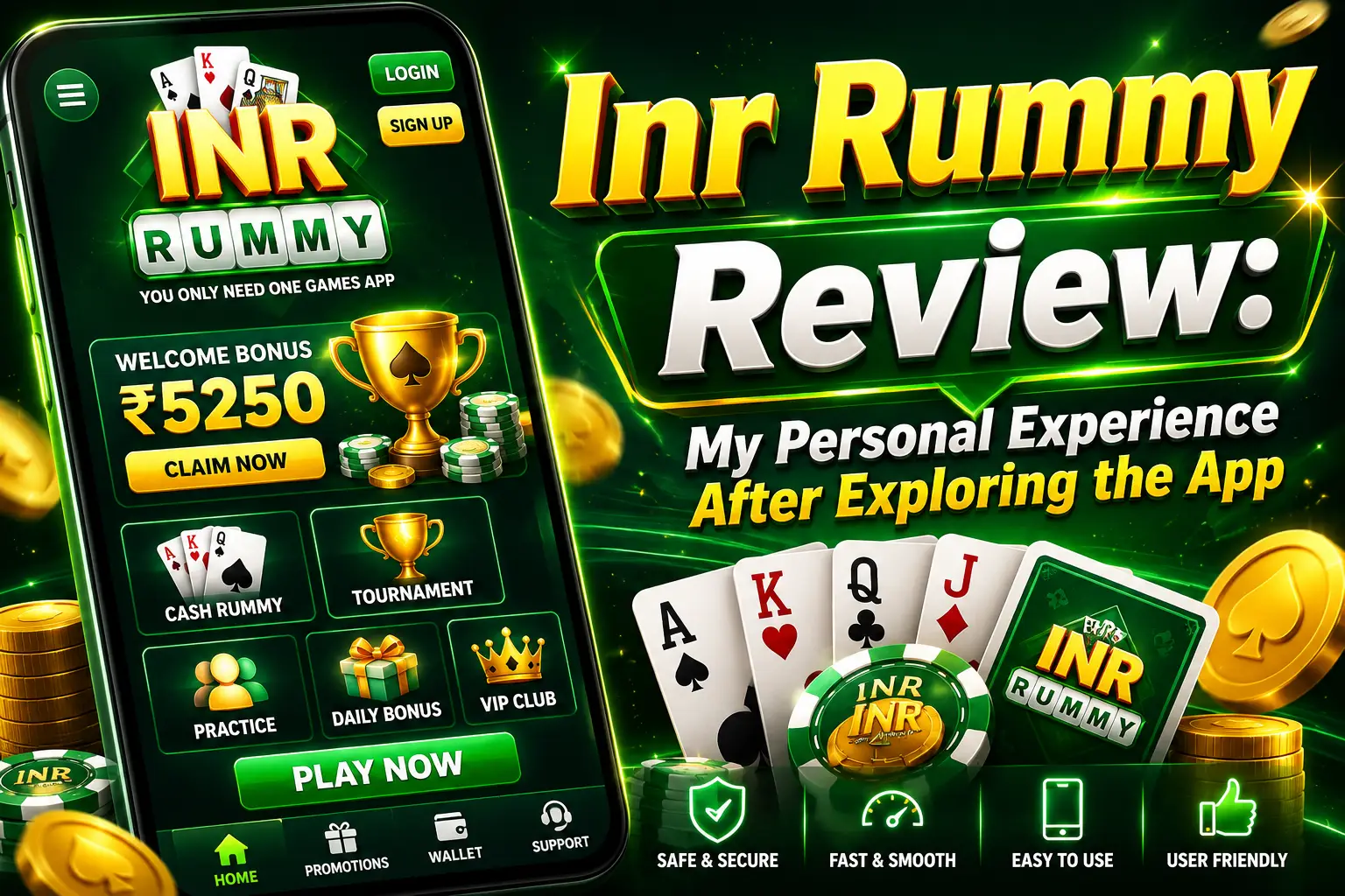 Inr Rummy Review - My Personal Experience After Exploring the App featured image showing the Inr Rummy interface, card game elements, and a mobile app preview.