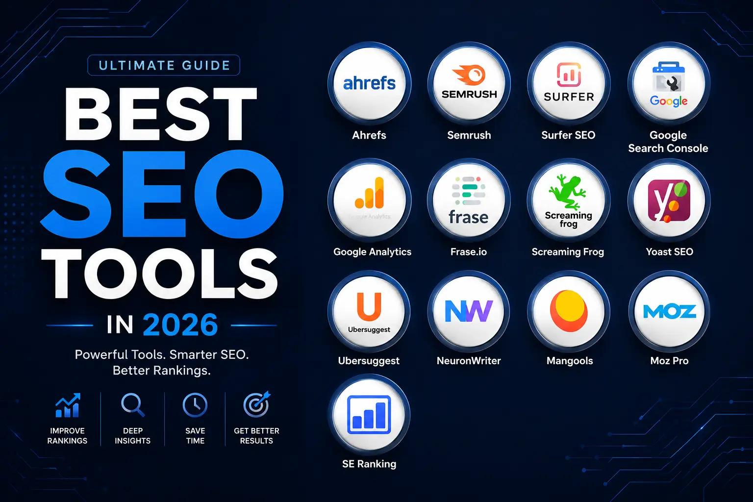 Best SEO tools in 2026 infographic showing keyword research, on-page, technical audit, and tracking tools