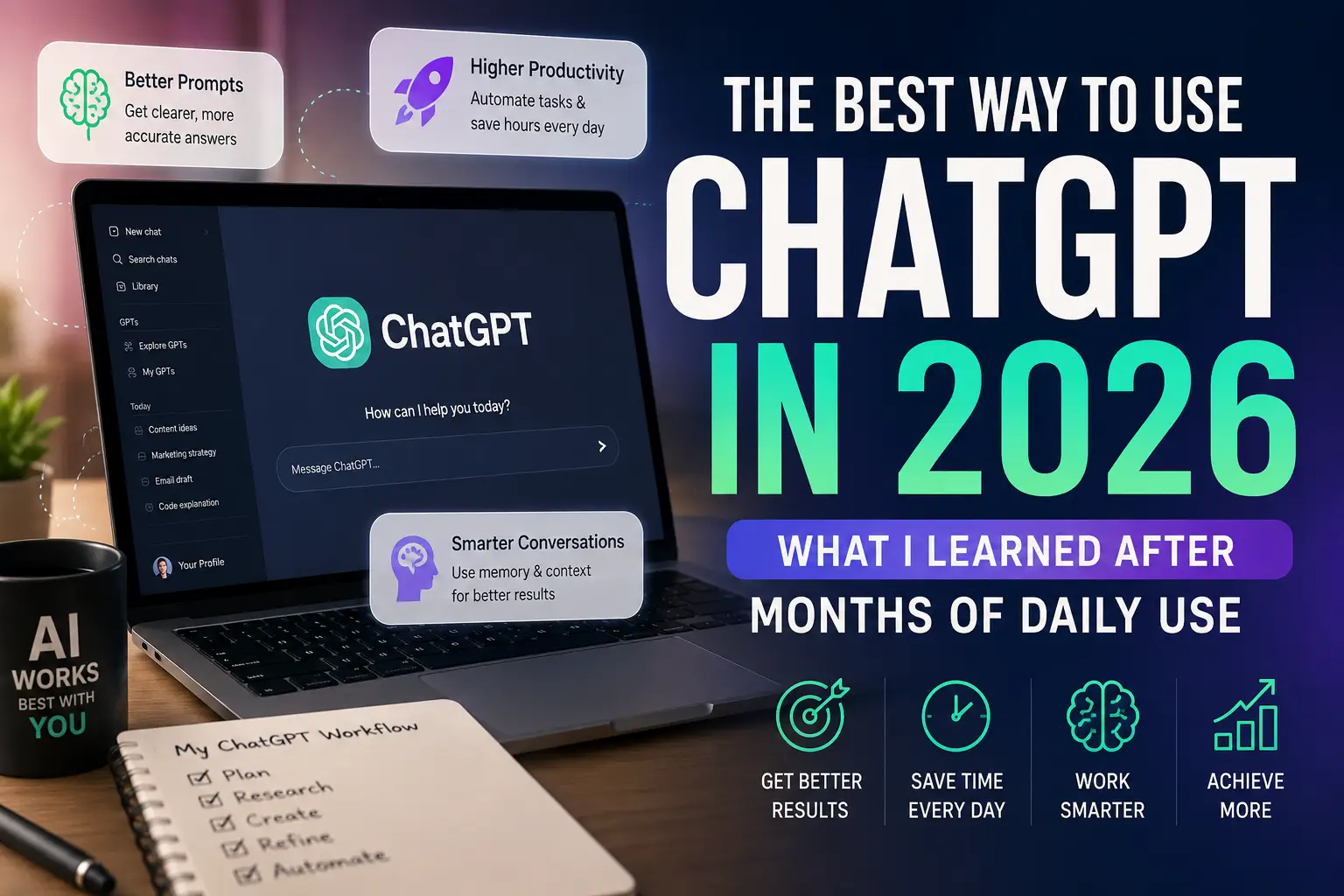 Best way to use ChatGPT in 2026 showing prompt tips, model selection, and productivity use cases
