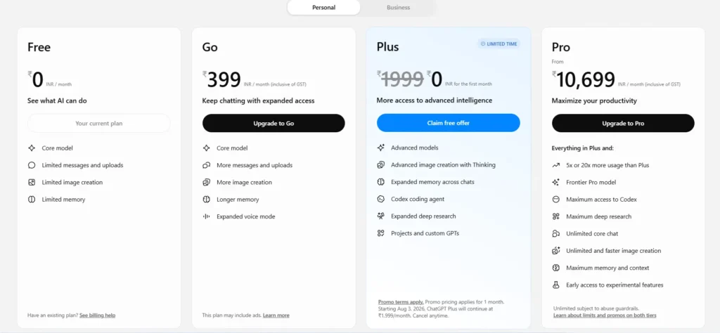 ChatGPT free vs paid pricing comparison for 2026