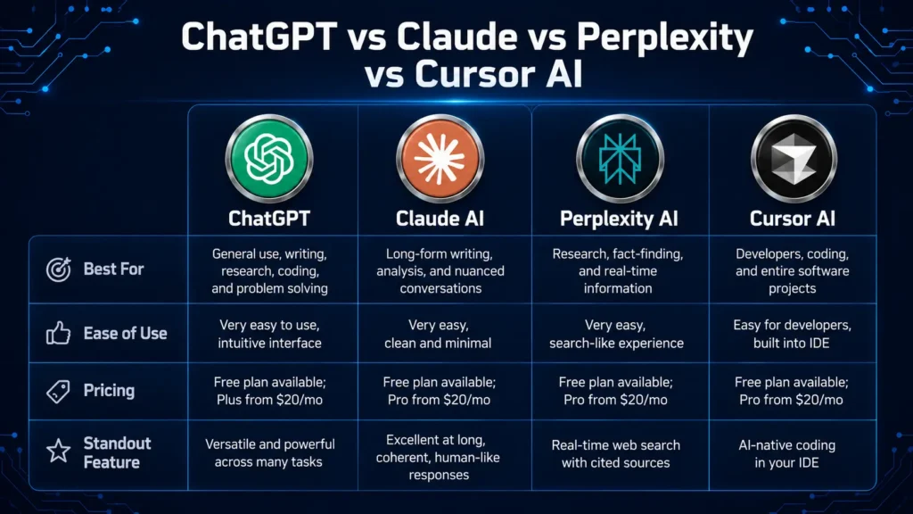 Comparison graphic of ChatGPT, Claude AI, Perplexity AI, and Cursor AI for 2026