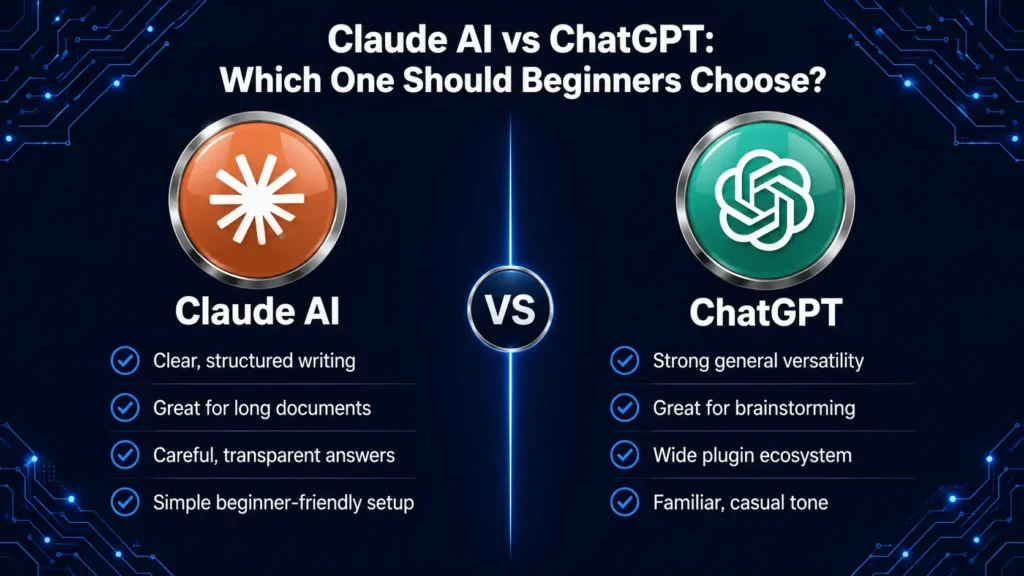Claude AI vs ChatGPT comparison graphic for beginners choosing an AI chatbot