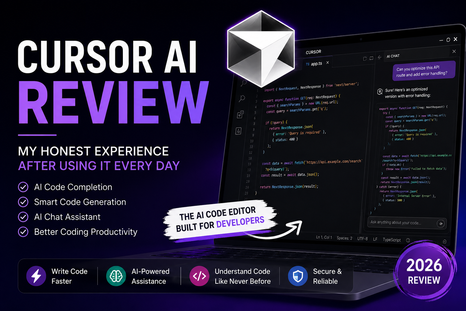 Cursor AI Review showing the AI code editor interface with chat panel and code completion