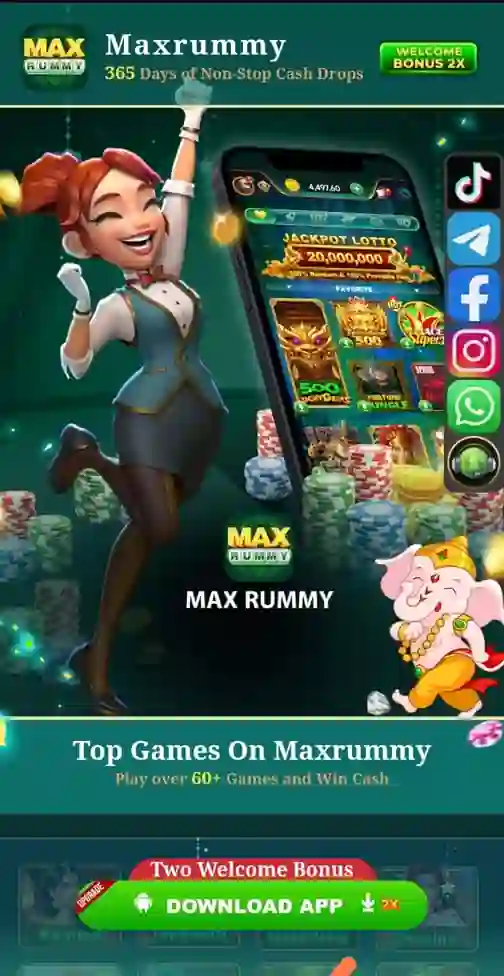 Max Rummy app homepage showing welcome bonus, casino games, and mobile gaming interface