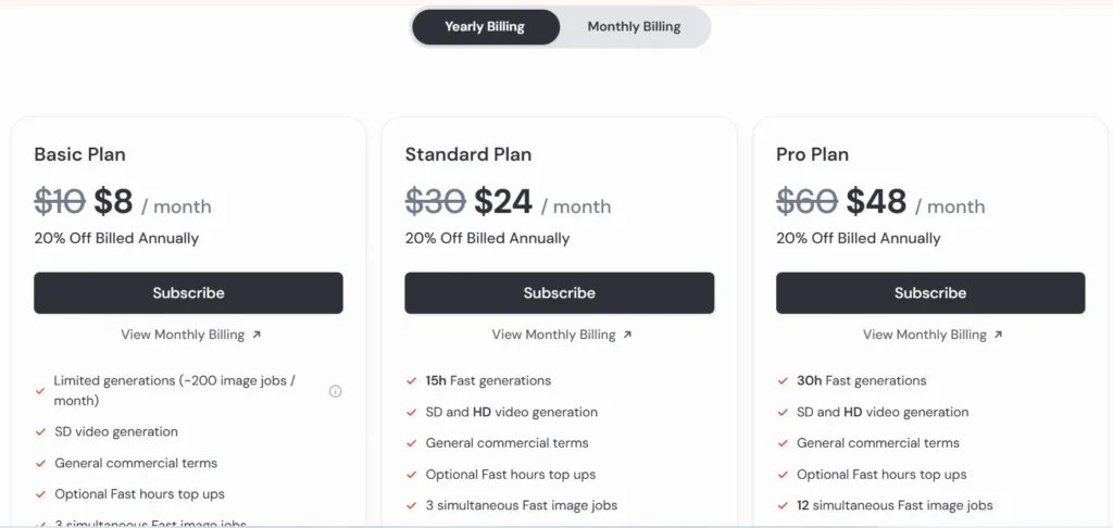 Midjourney subscription plans screenshot for beginners choosing a plan