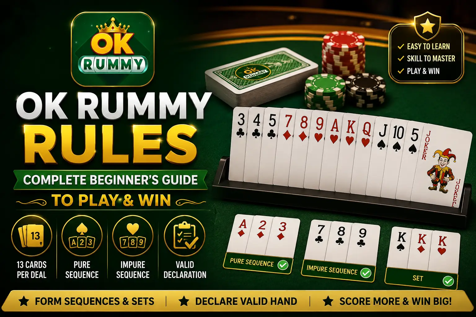 OK Rummy rules complete guide with playing cards, sequences, sets, and scoring explanation