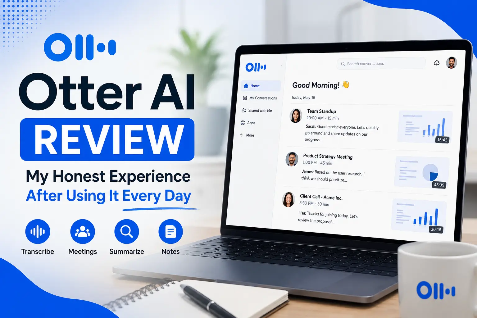 Otter AI Review showing live transcription, speaker identification, and meeting summary features