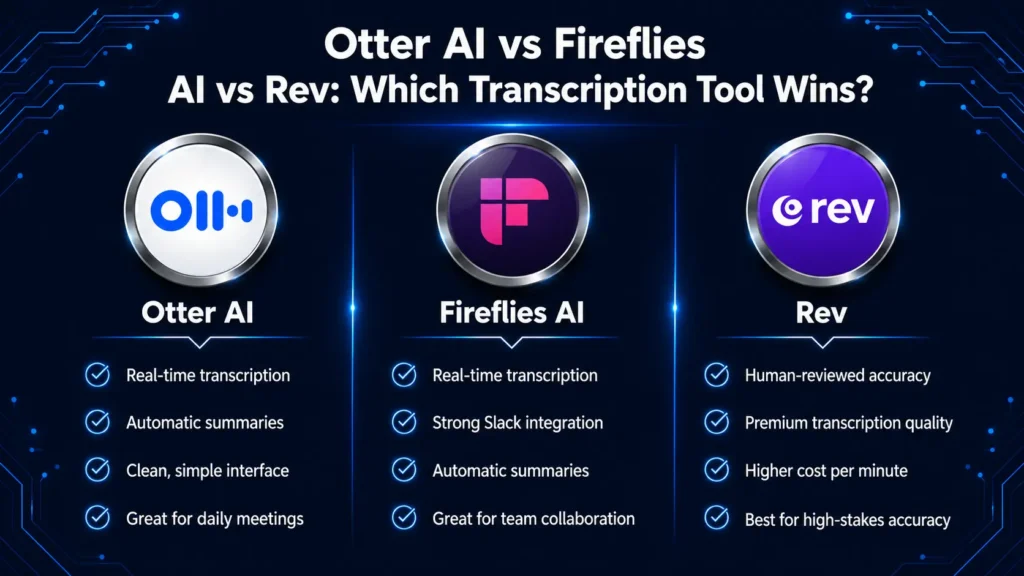 Otter AI Review comparison with Fireflies AI and Rev transcription tools