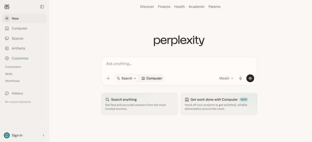 Perplexity AI search interface among the top 10 AI tools in 2026