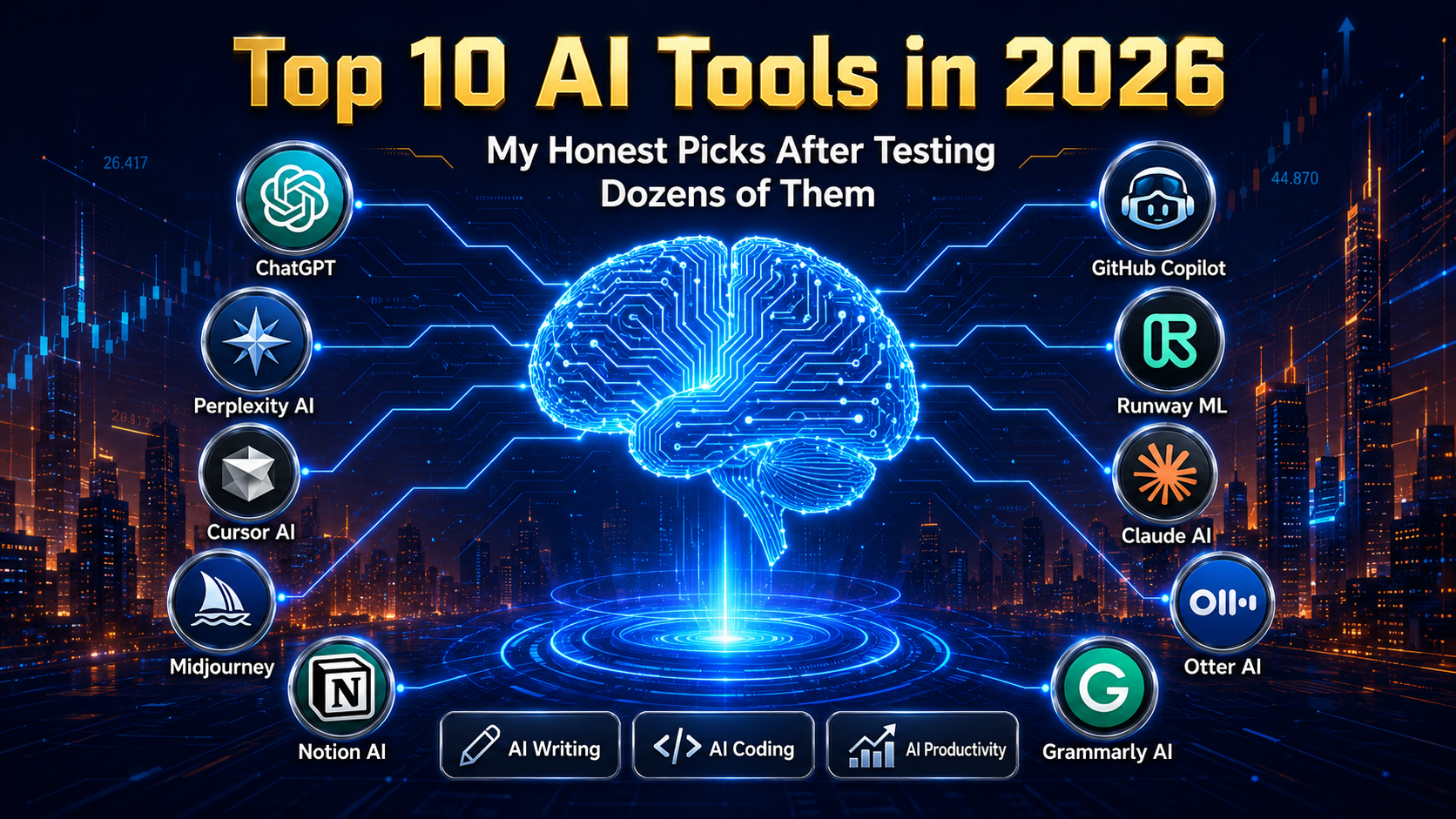 Top 10 AI tools in 2026 infographic featuring ChatGPT, Perplexity AI, Cursor AI, Midjourney, Notion AI, GitHub Copilot, Runway ML, Claude AI, Otter AI, and Grammarly AI